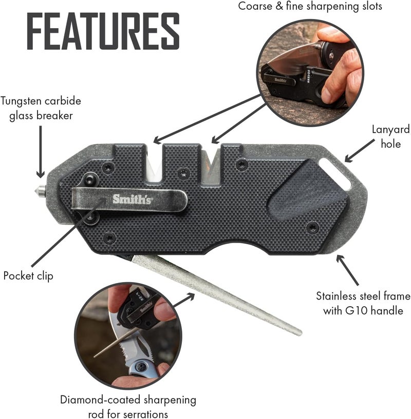 Smiths Smith’s Pocket Pal Tactical Knife Sharpener - 2 Stage Sharpener & Diamond Sharpening Rod - Pocket Clip - Outdoor Hunting Knife & Hook Sharpener - Compact & Lightweight - Image 3